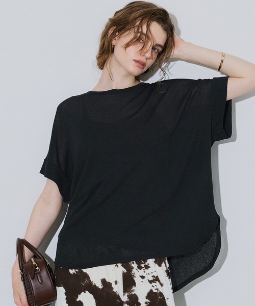 coca(coca)(コカ)の「シアージョーゼットロールアップスリーブトップス(Tシャツ/カットソー・レディース・ホワイト/ブラック・M/L/S)」の1枚目の写真
