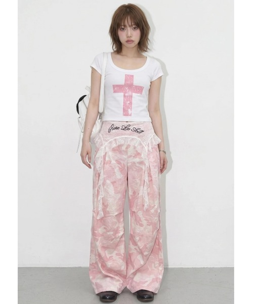 .KOM（ドットコム）の「A'GEM/9 × .kom 『.KOM/ドットケーオーエム』LACE LAYERED CAMO WIDE PANTS / レースレイヤードカモワイドパンツ（その他パンツ・レディース・グレー/ピンク・S）」の7枚目の写真