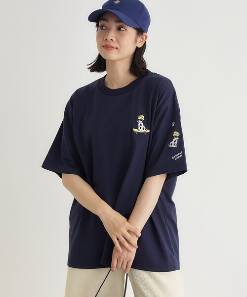 Right-on(ライトオン)の「ドッグ刺繍ビッグTシャツ(Tシャツ/カットソー・レディース・ネイビー/アイボリー・05/04/03)」の1枚目の写真