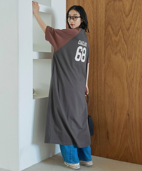 coen(コーエン)の「【汗染み軽減】アソートナンバリングロゴプリント ラグランTシャツワンピース(ワンピース・レディース・ダークグレー/ベージュ・FREE)」の14枚目の写真