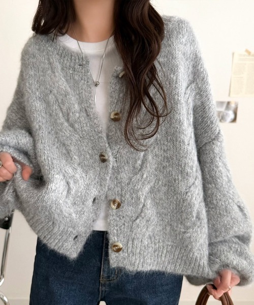 mily bilet(ミウィビレット)の「【mily bilet】今日はどっちで着る?気分で着回し自在。前後2way編地切り替えカーディガン (長袖)(カーディガン/ボレロ・レディース・グレー/オレンジ/アイボリー・LARGE/SMALL/X-LARGE/MEDIUM)」の2枚目の写真