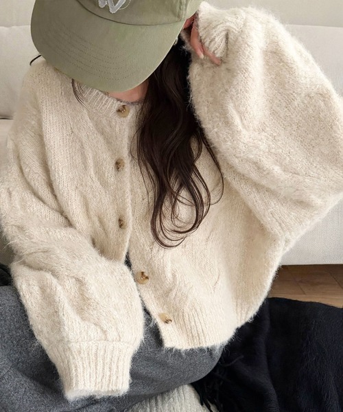 mily bilet(ミウィビレット)の「【mily bilet】今日はどっちで着る?気分で着回し自在。前後2way編地切り替えカーディガン (長袖)(カーディガン/ボレロ・レディース・グレー/オレンジ/アイボリー・LARGE/SMALL/X-LARGE/MEDIUM)」の1枚目の写真