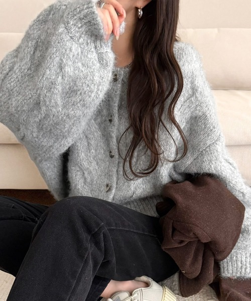 mily bilet(ミウィビレット)の「【mily bilet】今日はどっちで着る?気分で着回し自在。前後2way編地切り替えカーディガン (長袖)(カーディガン/ボレロ・レディース・グレー/オレンジ/アイボリー・LARGE/SMALL/X-LARGE/MEDIUM)」の22枚目の写真