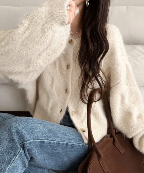 mily bilet(ミウィビレット)の「【mily bilet】今日はどっちで着る?気分で着回し自在。前後2way編地切り替えカーディガン (長袖)(カーディガン/ボレロ・レディース・グレー/オレンジ/アイボリー・LARGE/SMALL/X-LARGE/MEDIUM)」の9枚目の写真