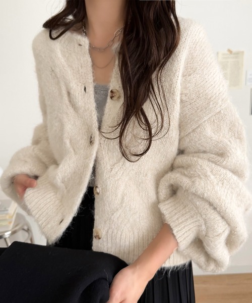 mily bilet(ミウィビレット)の「【mily bilet】今日はどっちで着る?気分で着回し自在。前後2way編地切り替えカーディガン (長袖)(カーディガン/ボレロ・レディース・グレー/オレンジ/アイボリー・LARGE/SMALL/X-LARGE/MEDIUM)」の11枚目の写真