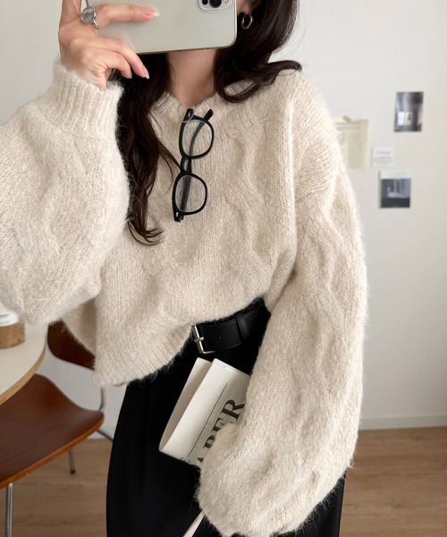 mily bilet(ミウィビレット)の「【mily bilet】今日はどっちで着る?気分で着回し自在。前後2way編地切り替えカーディガン (長袖)(カーディガン/ボレロ・レディース・グレー/オレンジ/アイボリー・LARGE/SMALL/X-LARGE/MEDIUM)」の10枚目の写真