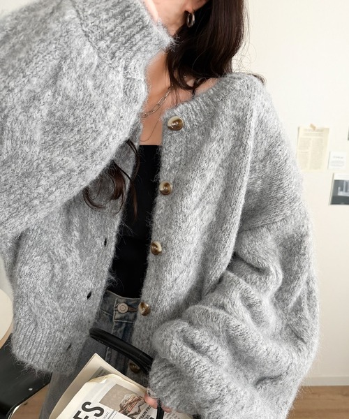 mily bilet(ミウィビレット)の「【mily bilet】今日はどっちで着る?気分で着回し自在。前後2way編地切り替えカーディガン (長袖)(カーディガン/ボレロ・レディース・グレー/オレンジ/アイボリー・LARGE/SMALL/X-LARGE/MEDIUM)」の6枚目の写真