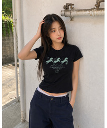 トリオドットホースプリントスリムフィット半袖Tシャツブラック