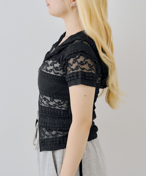continuer de NICE CLAUP(コンティニューデナイスクラップ)の「ドロスト半袖ZIPUPパーカー(Tシャツ/カットソー・レディース・その他12/ブラック系その他/ホワイト系その他/オフホワイト/ブラック・FREE)」の20枚目の写真