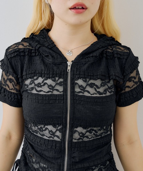 continuer de NICE CLAUP(コンティニューデナイスクラップ)の「ドロスト半袖ZIPUPパーカー(Tシャツ/カットソー・レディース・その他12/ブラック系その他/ホワイト系その他/オフホワイト/ブラック・FREE)」の22枚目の写真