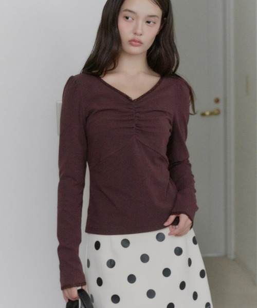 GIUNON(ジウノン)の「shirring stretch lace long-t / シャーリングストレッチレースロンT(Tシャツ/カットソー・レディース・グレー/ミント/ブラック/ブラウン・FREE)」の4枚目の写真