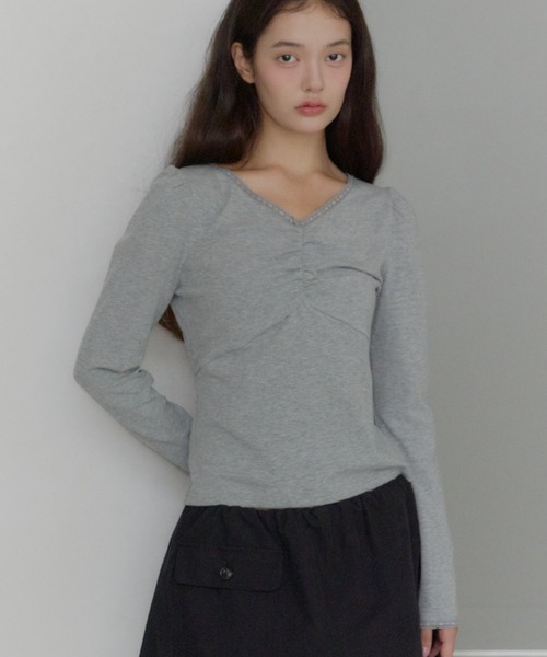 GIUNON(ジウノン)の「shirring stretch lace long-t / シャーリングストレッチレースロンT(Tシャツ/カットソー・レディース・グレー/ミント/ブラック/ブラウン・FREE)」の3枚目の写真