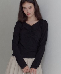 GIUNON | shirring stretch lace long-t / シャーリングストレッチレースロンT(Tシャツ/カットソー)