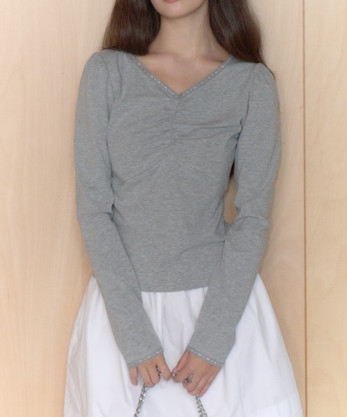 GIUNON(ジウノン)の「shirring stretch lace long-t / シャーリングストレッチレースロンT(Tシャツ/カットソー・レディース・グレー/ミント/ブラック/ブラウン・FREE)」の13枚目の写真