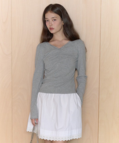 GIUNON(ジウノン)の「shirring stretch lace long-t / シャーリングストレッチレースロンT(Tシャツ/カットソー・レディース・グレー/ミント/ブラック/ブラウン・FREE)」の14枚目の写真