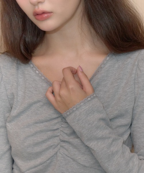 GIUNON(ジウノン)の「shirring stretch lace long-t / シャーリングストレッチレースロンT(Tシャツ/カットソー・レディース・グレー/ミント/ブラック/ブラウン・FREE)」の15枚目の写真