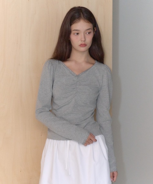 GIUNON(ジウノン)の「shirring stretch lace long-t / シャーリングストレッチレースロンT(Tシャツ/カットソー・レディース・グレー/ミント/ブラック/ブラウン・FREE)」の18枚目の写真