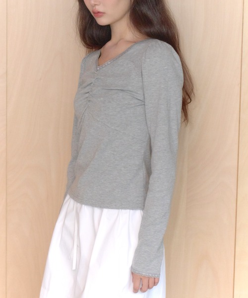 GIUNON(ジウノン)の「shirring stretch lace long-t / シャーリングストレッチレースロンT(Tシャツ/カットソー・レディース・グレー/ミント/ブラック/ブラウン・FREE)」の17枚目の写真