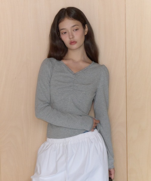 GIUNON(ジウノン)の「shirring stretch lace long-t / シャーリングストレッチレースロンT(Tシャツ/カットソー・レディース・グレー/ミント/ブラック/ブラウン・FREE)」の20枚目の写真