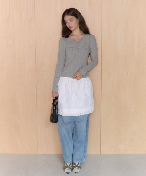 GIUNON(ジウノン)の「shirring stretch lace long-t / シャーリングストレッチレースロンT(Tシャツ/カットソー・レディース・グレー/ミント/ブラック/ブラウン・FREE)」の21枚目の写真