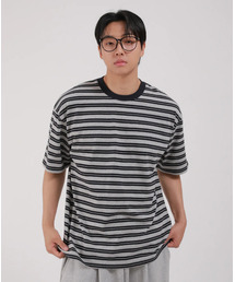 ダブルストライプラウンド半袖Tシャツ_ネイビー