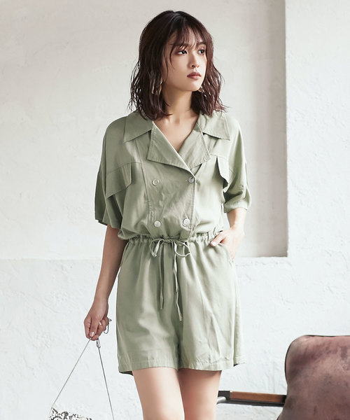 KOBE LETTUCE(コウベレタス)の「シャツデザインショートサロペット(サロペット/オーバーオール・レディース・ベージュ/ライトカーキ/ブラック・FREE)」の7枚目の写真