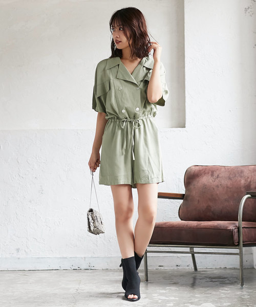 KOBE LETTUCE(コウベレタス)の「シャツデザインショートサロペット(サロペット/オーバーオール・レディース・ベージュ/ライトカーキ/ブラック・FREE)」の6枚目の写真