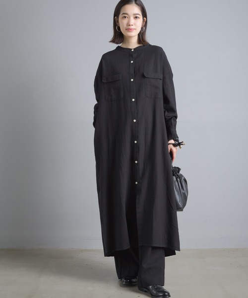 OMNES(オムネス)の「綿麻レーヨン ロングシャツワンピース(シャツワンピース・レディース・ベージュ/カーキ/ブラック/グリーン・FREE)」の5枚目の写真