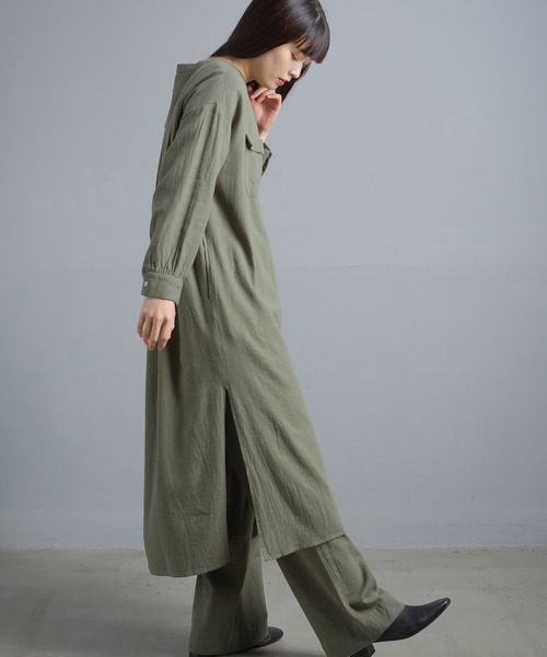 OMNES(オムネス)の「綿麻レーヨン ロングシャツワンピース(シャツワンピース・レディース・ベージュ/カーキ/ブラック/グリーン・FREE)」の21枚目の写真