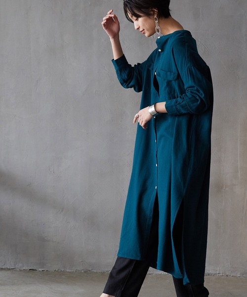 綿麻レーヨン ロングシャツワンピース（シャツワンピース