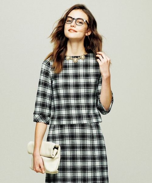 green label relaxing(グリーンレーベルリラクシング)の「GT BNTツイード 6SL PO CHKトップス ◆(シャツ/ブラウス・レディース・ブラック/ワインレッド・フリー)」の1枚目の写真