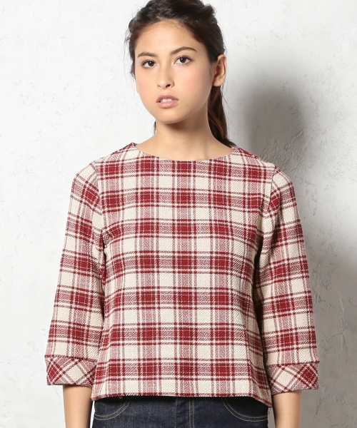 green label relaxing(グリーンレーベルリラクシング)の「GT BNTツイード 6SL PO CHKトップス ◆(シャツ/ブラウス・レディース・ブラック/ワインレッド・フリー)」の4枚目の写真