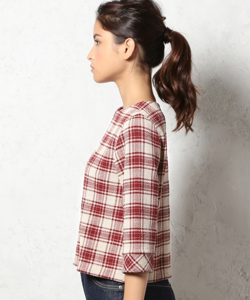 green label relaxing(グリーンレーベルリラクシング)の「GT BNTツイード 6SL PO CHKトップス ◆(シャツ/ブラウス・レディース・ブラック/ワインレッド・フリー)」の6枚目の写真