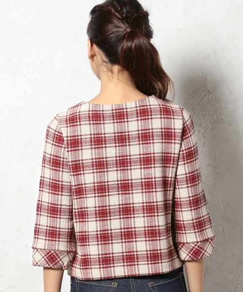 green label relaxing(グリーンレーベルリラクシング)の「GT BNTツイード 6SL PO CHKトップス ◆(シャツ/ブラウス・レディース・ブラック/ワインレッド・フリー)」の7枚目の写真