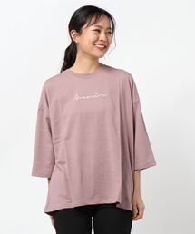 コットン100％７分袖カットソープリントトップス