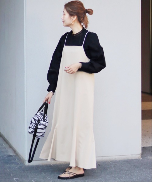 unfil コットンポプリンキャミソールドレス キャミワンピース フリルヘムチュールキャミワンピース(F OFF WHITE): ONEPIECE