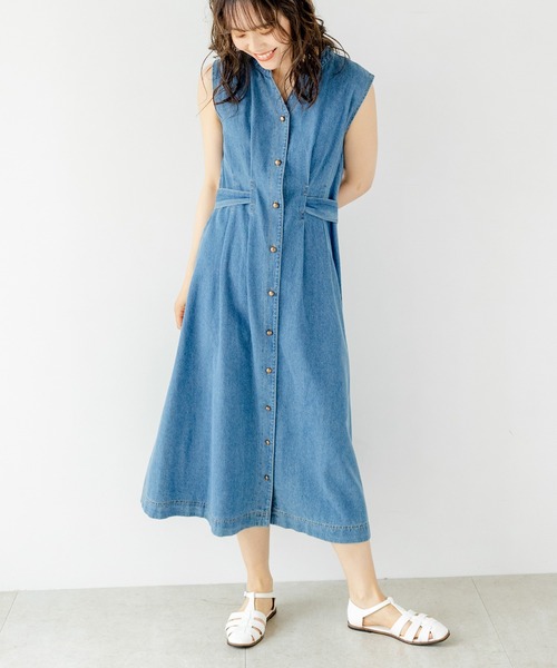 TRIANGLE PALETTE（トライアングルパレット）の「ウエストリボンデニムワンピース（ワンピース・レディース・ブラック/ネイビー/ブルー/アイボリー/カーキ・FREE）」の5枚目の写真