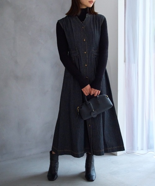 セール】ウエストリボンデニムワンピース（ワンピース）｜TRIANGLE