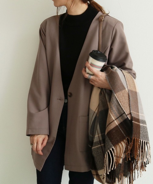 reca（レカ）の「ノーカラージャケット（ノーカラージャケット・レディース・ブラック/モカ・M/L）」の2枚目の写真