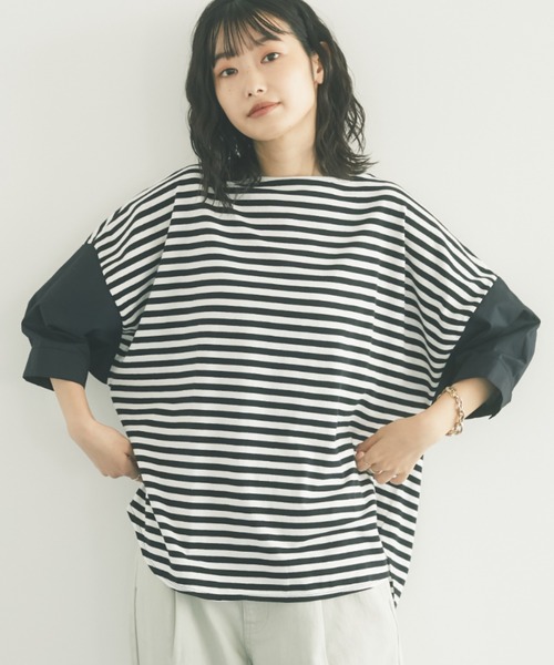 CRAFT STANDARD BOUTIQUE（クラフトスタンダードブティック）の「異素材ドッキングプルオーバー　＊（Tシャツ/カットソー・レディース・ブラック/ベージュ/サックスブルー/アイボリー/キャメル/グレー系その他5・M/L）」の4枚目の写真