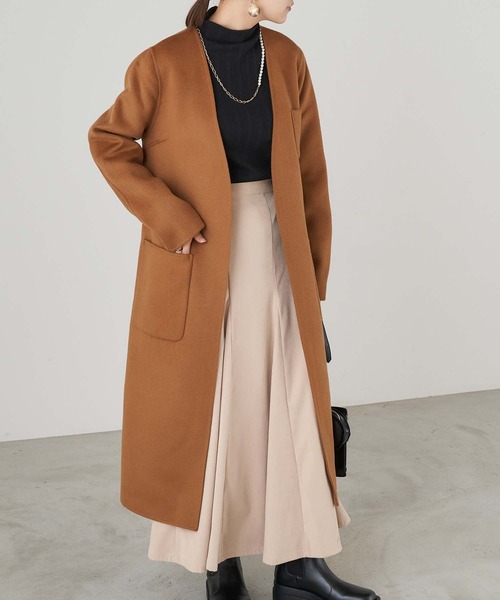 ベルト付きウール混ノーカラーロングコート