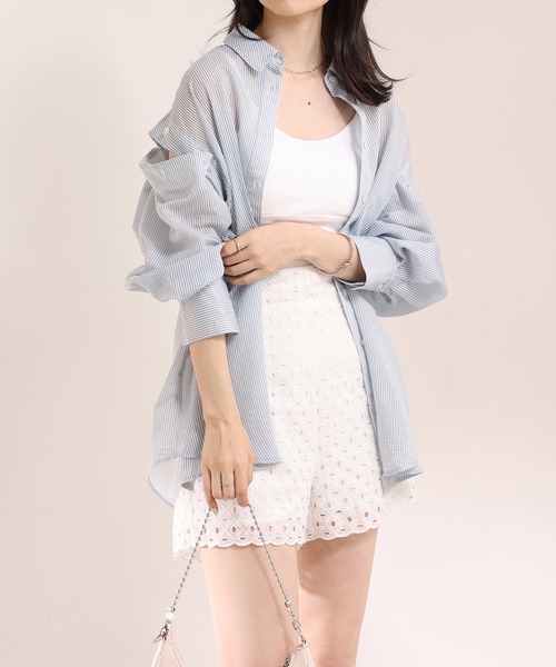 one after another NICE CLAUP（ワンアフターアナザーナイスクラップ）の「肩あきマルチシアーシャツ（シャツ/ブラウス・レディース・アイボリー/オフホワイト/グリーン系その他/ブルー系その他2/ピンク/オレンジ/ピンク系その他/ブラウン系その他/サックスブルー系・FREE）」の11枚目の写真