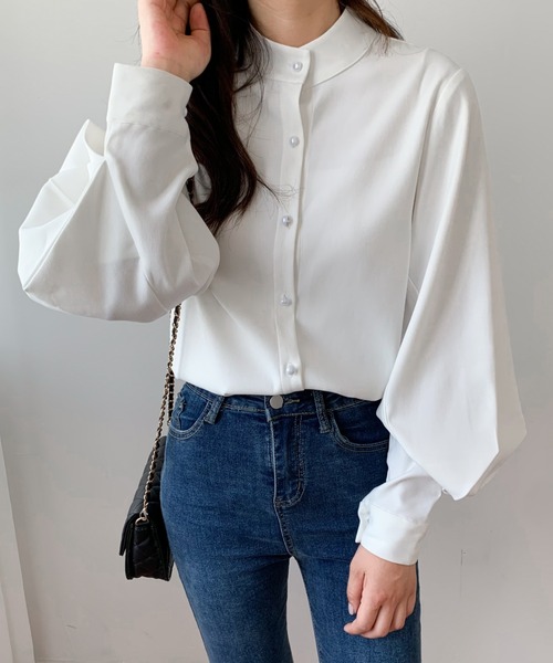 Diosfront（ディオスフロント）の「スタンドカラーボリュウームスリーブルーズシャツ（シャツ/ブラウス・レディース・ホワイト/ブラック/ネイビー/ライトグリーン/ライトブルー/グレー/ベージュ/ブラウン・S/M/L）」の17枚目の写真