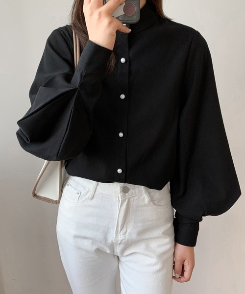 Diosfront（ディオスフロント）の「スタンドカラーボリュウームスリーブルーズシャツ（シャツ/ブラウス・レディース・ホワイト/ブラック/ネイビー/ライトグリーン/ライトブルー/グレー/ベージュ/ブラウン・S/M/L）」の11枚目の写真