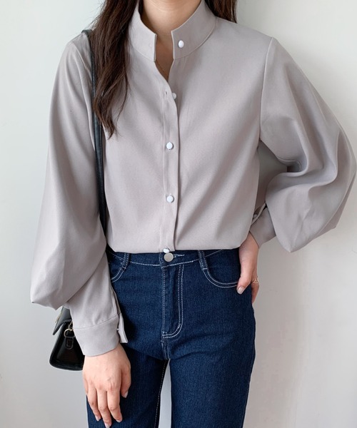 Diosfront（ディオスフロント）の「スタンドカラーボリュウームスリーブルーズシャツ（シャツ/ブラウス・レディース・ホワイト/ブラック/ネイビー/ライトグリーン/ライトブルー/グレー/ベージュ/ブラウン・S/M/L）」の9枚目の写真