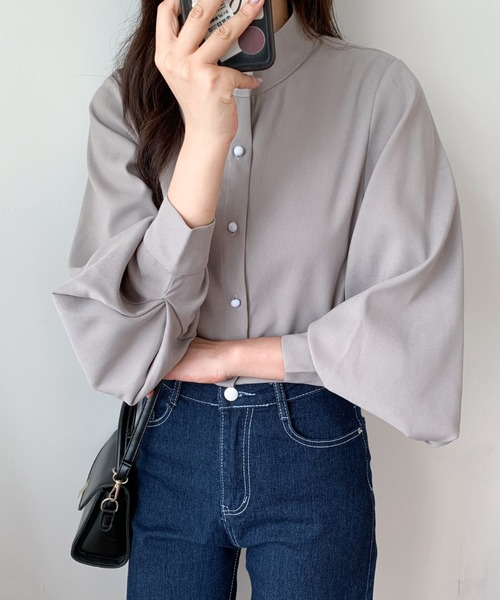 Diosfront（ディオスフロント）の「スタンドカラーボリュウームスリーブルーズシャツ（シャツ/ブラウス・レディース・ホワイト/ブラック/ネイビー/ライトグリーン/ライトブルー/グレー/ベージュ/ブラウン・S/M/L）」の20枚目の写真