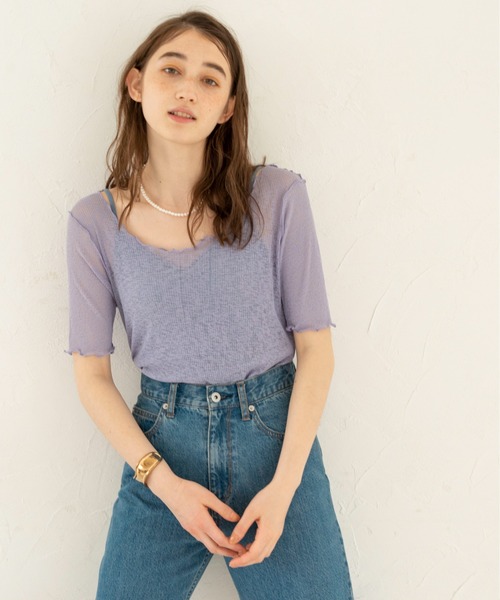 ANGIE（アンジー）の「シアーリブ2WAYメロートップス（Tシャツ/カットソー・レディース・ブラック/オフホワイト/オレンジ/ライトパープル/ケリー・FREE）」の4枚目の写真