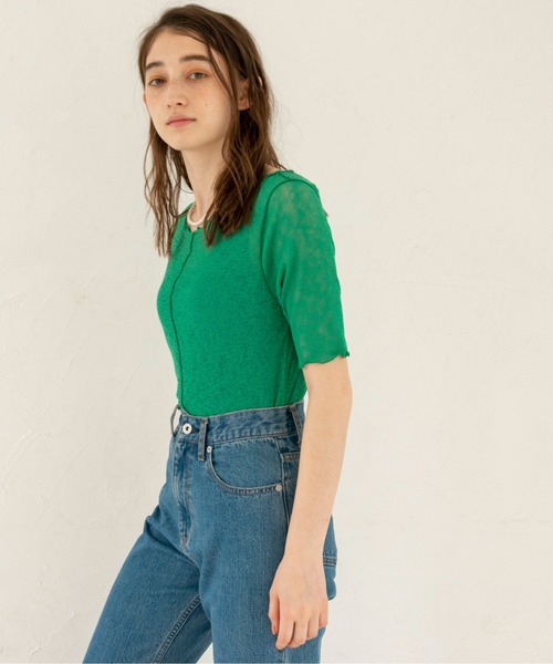 ANGIE（アンジー）の「シアーリブ2WAYメロートップス（Tシャツ/カットソー・レディース・ブラック/オフホワイト/オレンジ/ライトパープル/ケリー・FREE）」の3枚目の写真