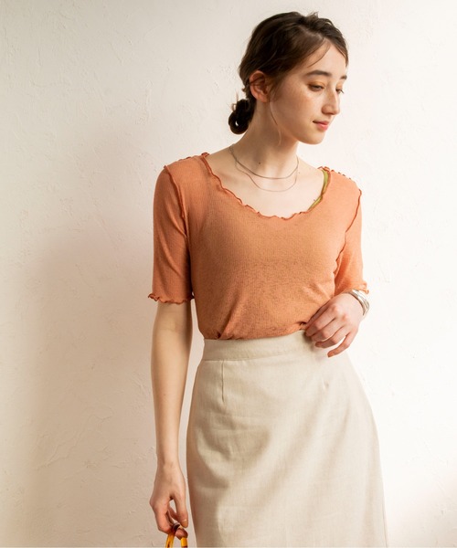 ANGIE（アンジー）の「シアーリブ2WAYメロートップス（Tシャツ/カットソー・レディース・ブラック/オフホワイト/オレンジ/ライトパープル/ケリー・FREE）」の13枚目の写真