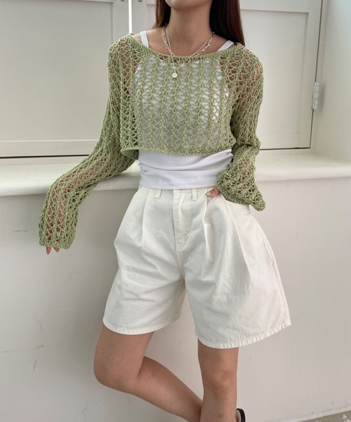 Didot.showroom（ディドット ショールーム）の「クロップド丈クロッシェ編みニット（ニット/セーター・レディース・ホワイト/ブラック/ミント・FREE）」の3枚目の写真